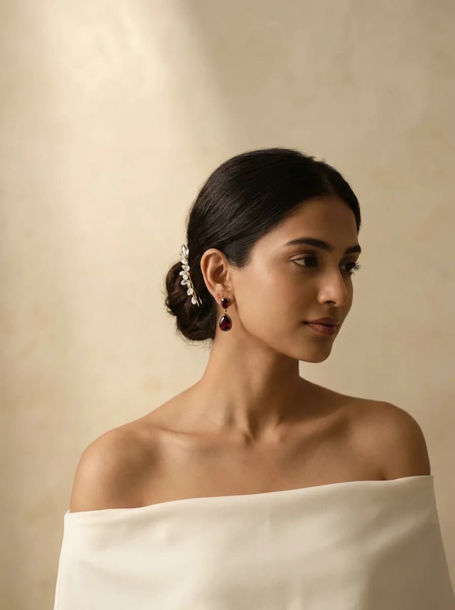 Woman in an ivory off-shoulder evening top wearing garnet drop earrings and a crystal hairpin in a low bun