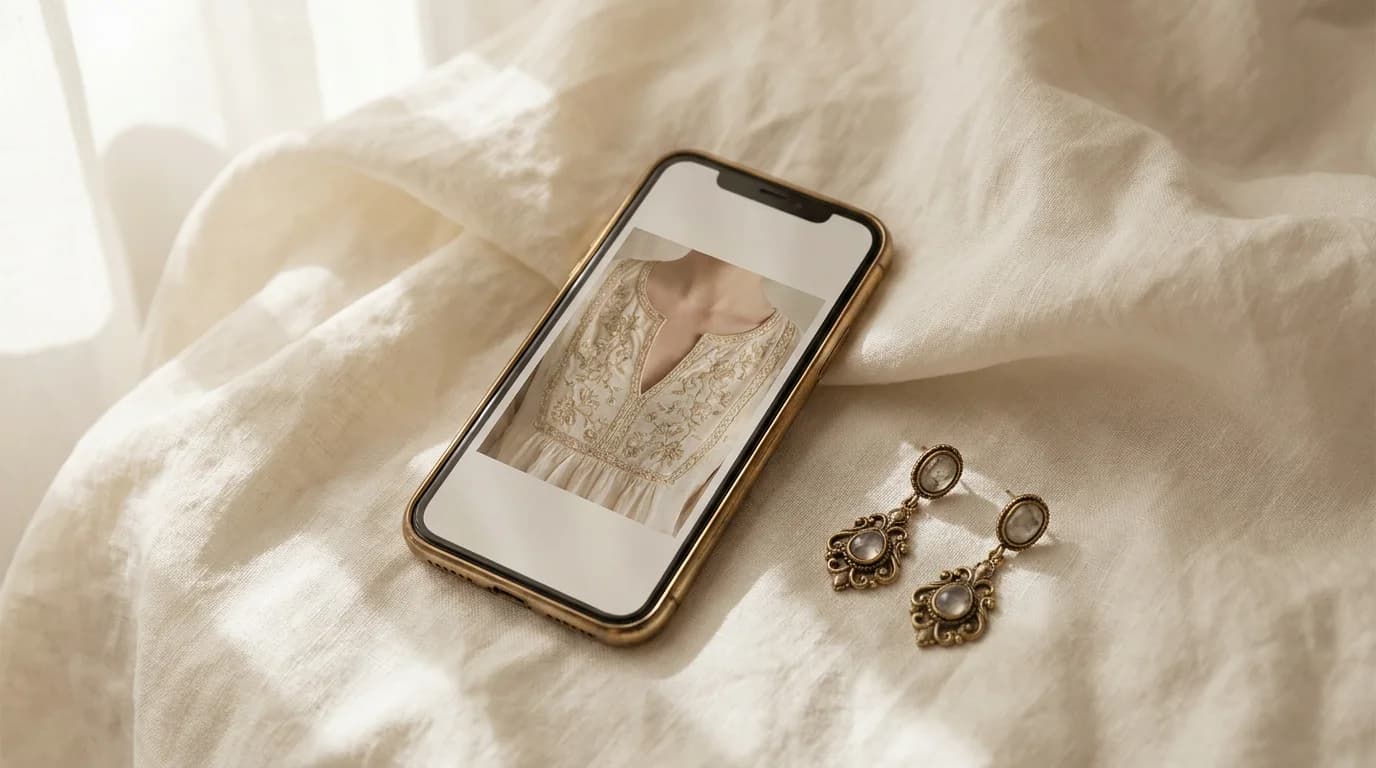 Smartphone showing an outfit neckline photo beside antique-gold drop earrings on ivory linen